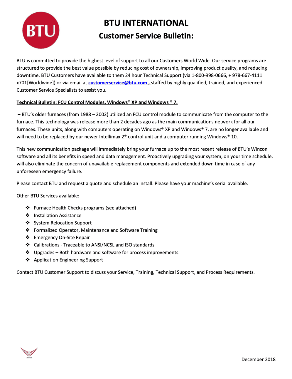 Technical Bulletin: FCU Control Modules, Windows® XP and Windows ® 7 - BTU